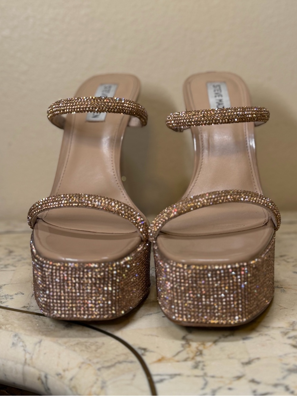 Steve Madden Rose Gold Crystal Embellished Platform Sandals